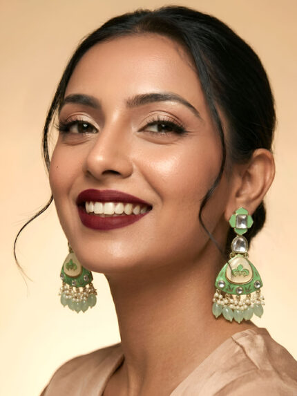 OZ Jewels Premium Gold-Plated Mint Green Meenakari Statement Earrings with Kundan Accents and Pastel Bead Cascades