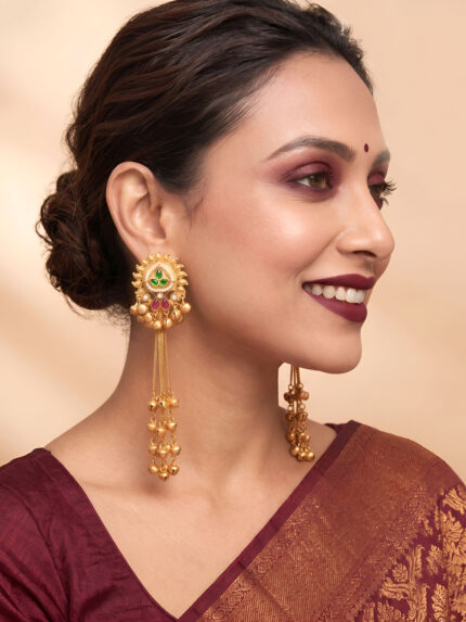 OZ Jewels Premium Gold-Plated Sunburst Motif Long Tassel Earrings with Emerald and Ruby Stone Accents and Triple-Chain Ghungroo Drops
