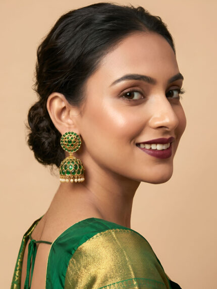OZ Jewels Premium Gold-Plated Emerald Green Statement Jhumka Earrings with Intricate Stone Work and Pearl Dangles