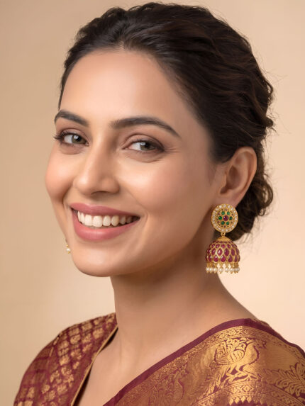 OZ Jewels Premium Gold-Plated Ruby Red Statement Jhumka Earrings with Kundan-Style Studs and Pearl Dangles