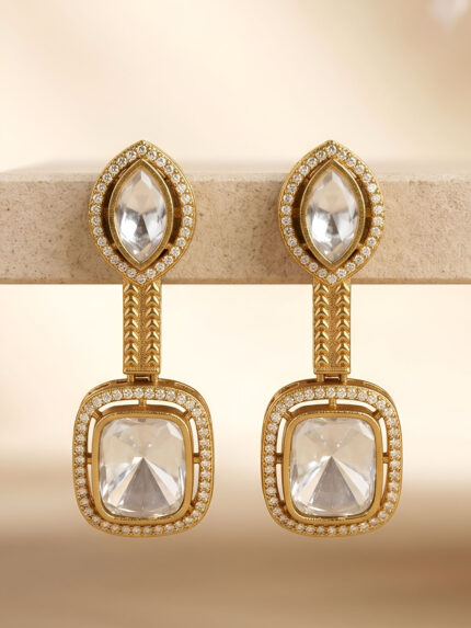 OZ Jewels Premium Gold-Plated Geometric Drop Earrings with Oversized Clear Crystals and Textured Detailing