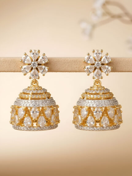 OZ Jewels Premium Dual-Tone American Diamond Jhumka Earrings with Floral Studs and Teardrop Crystal Detailing