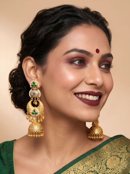 OZ Jewels Premium Antique Matte Gold-Plated Chandbali Jhumka Earrings with Emerald Green Accents, Kundan Detailing, and Ghungroo Drops