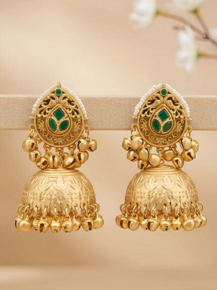OZ Jewels Premium Antique Matte Gold-Plated Statement Jhumka Earrings with Emerald Green Stones and Ghungroo Detailing