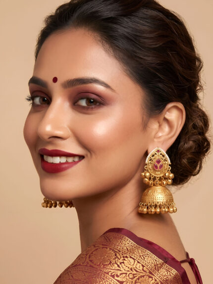 OZ Jewels Premium Antique Matte Gold-Plated Statement Jhumka Earrings with Ruby Red Stones and Ghungroo Detailing