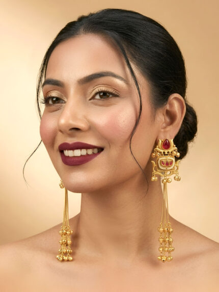OZ Jewels Premium Antique Matte Gold-Plated Long Chain Earrings with Ruby Red Lotus Motifs and Cascading Ghungroos