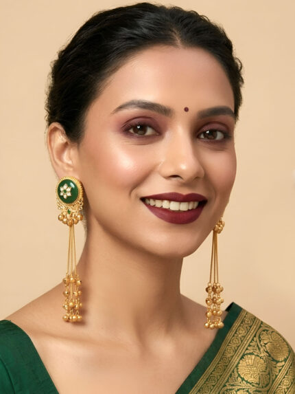 OZ Jewels Premium Gold-Plated Long Chain Earrings with Deep Green Circular Studs and Cascading Ghungroos