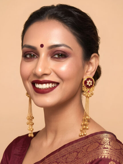 OZ Jewels Premium Gold-Plated Long Chain Earrings with Deep Maroon Circular Studs and Cascading Ghungroos