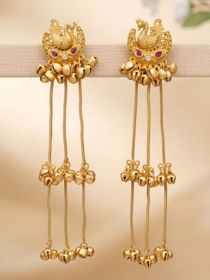 OZ Jewels Premium Antique Matte Gold-Plated Long Chain Earrings with Peacock Motifs and Tiered Ghungroo Cascades