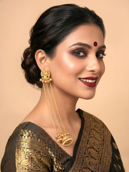 OZ Jewels Premium Antique Matte Gold-Plated Long Chain Jhumka Earrings with Peacock Studs and Mini Pearl Dome Drops