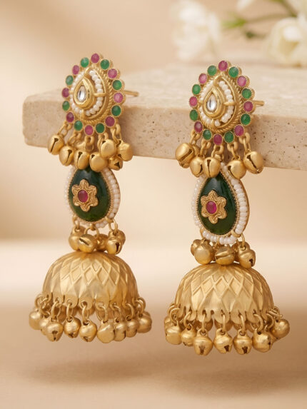 OZ Jewels Premium Antique Matte Gold-Plated Statement Jhumka Earrings with Multicolour Studs and Enamel Teardrop Motif
