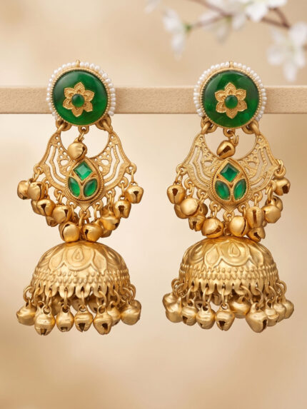 OZ Jewels Premium Antique Matte Gold-Plated Statement Jhumka Earrings with Deep Green Studs and Heavy Ghungroo Detailing