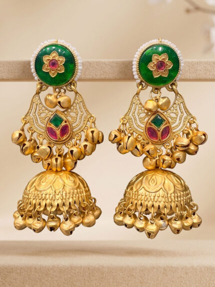 OZ Jewels Premium Antique Matte Gold-Plated Statement Jhumka Earrings with Emerald Green Studs, Ruby Accents, and Heavy Ghungroo Detailing