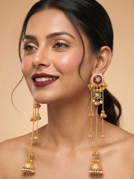 OZ Jewels Premium Antique Gold-Plated Long Chain Jhumka Earrings with Pearl-Bordered Maroon Studs and Green Accents