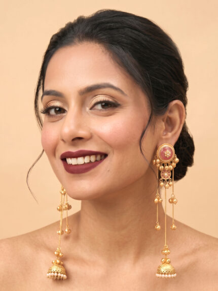 OZ Jewels Premium Antique Gold-Plated Long Chain Jhumka Earrings with Pearl-Bordered Rose Pink Studs and Cascading Ghungroos