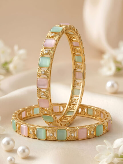 OZ Jewels Premium Gold-Plated Pastel Stone Studded Designer Bangles Set for Women | Elegant Ethnic & Contemporary Kada Bangles