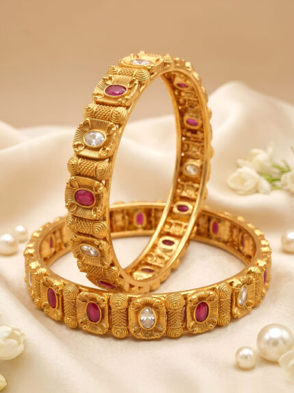 OZ Jewels Premium Gold-Plated Ruby & American Diamond Studded Traditional Bangles Set for Women | Antique Ethnic Kada Bangles