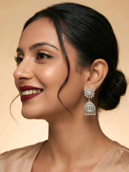 OZ Jewels Premium Silver-Plated American Diamond Cage Jhumka Earrings with Starburst Studs and Teardrop Dangles