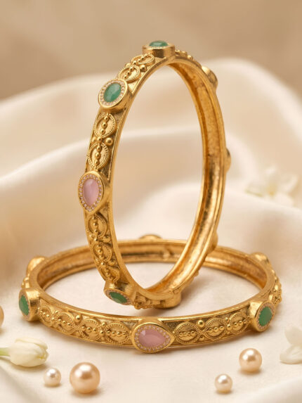 OZ Jewels Premium Antique Gold-Plated Pastel Stone Studded Traditional Bangles Set for Women | Ethnic Designer Kada Bangles