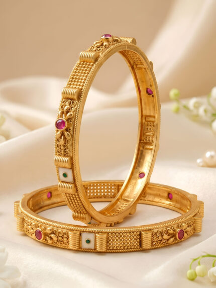 OZ Jewels Premium Gold-Plated Traditional Designer Bangles with Ruby Stones and Meenakari Accents