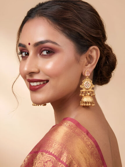 OZ Jewels Premium Matte Gold-Plated Filigree Jhumka Earrings with Peach Stone, Pearl Accents, and Ghungroo Drops
