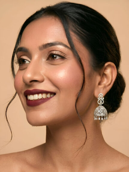 OZ Jewels Premium Silver-Plated American Diamond Lattice Jhumka Earrings with Teardrop Crystal Dangles
