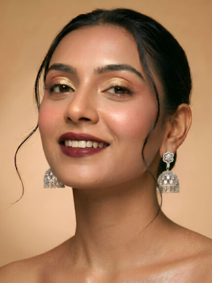 OZ Jewels Premium Silver-Plated American Diamond Floral Jhumka Earrings with Teardrop Crystal Dangles