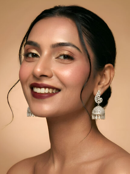 OZ Jewels Premium Silver-Plated American Diamond Jhumka Earrings with Paisley Motif and Sparkling Crystal Drops