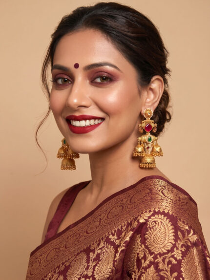 OZ Jewels Premium Antique Matte Gold-Plated Triple Jhumka Earrings with Ruby & Emerald Tones and Temple Peacock Motifs