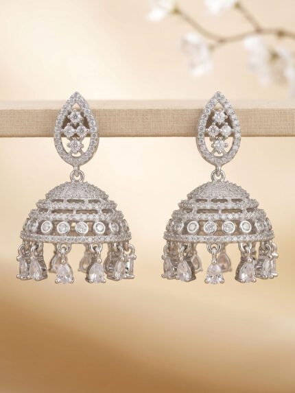 OZ Jewels Premium Silver-Plated American Diamond Multi-Tiered Jhumka Earrings with Teardrop Studs and Crystal Dangles