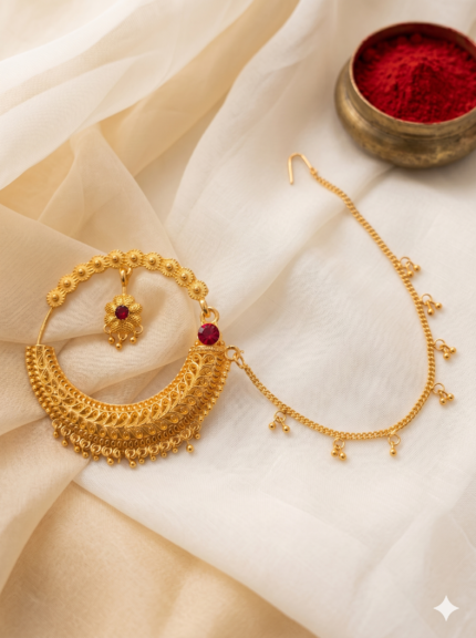 OZ Jewels Traditional Royal Pahadi Nath – Ornate Gold-Plated Statement Nose Ring with Ruby Accents