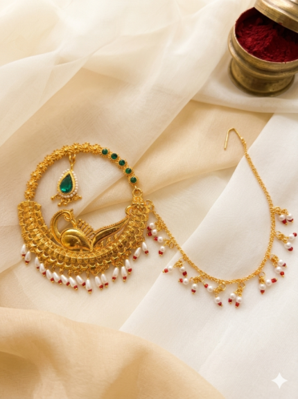 OZ Jewels Traditional Peacock-Inspired Pahadi Nath – Gold-Plated Statement Nose Ring with Emerald Accent