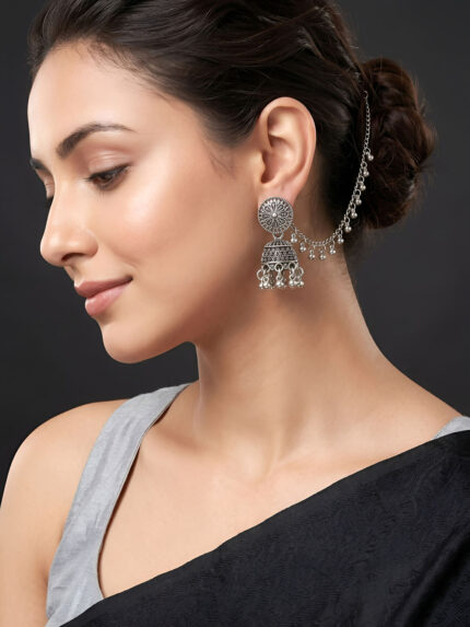OZ Jewels Oxidised Silver-Plated Jhumka Earrings with Chain Dangler Ethnic Drop Earrings
