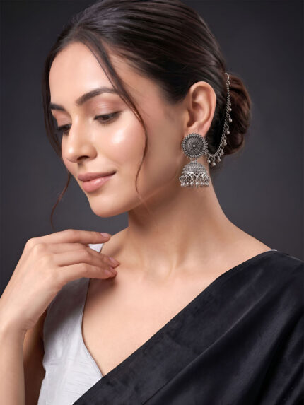 OZ Jewels Oxidised Silver-Plated Jhumka Earrings with Chain Dangler Ethnic Drop Earrings