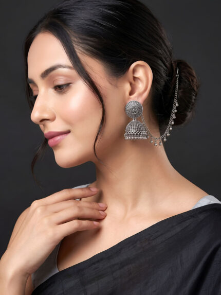 OZ Jewels Oxidised Silver-Plated Jhumka Earrings with Chain Dangler Ethnic Drop Earrings
