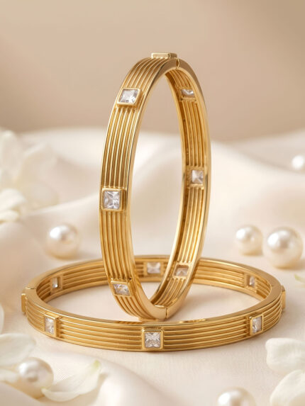 OZ Jewels Premium Gold-Plated Minimalist Crystal Studded Bangles Set for Women | Elegant Ribbed Designer Kada Bangles