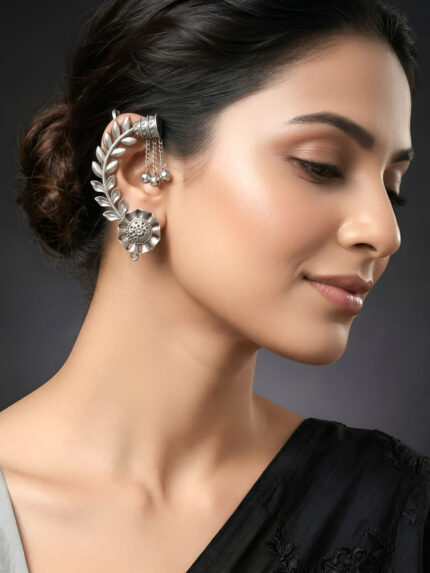 OZ Jewels Oxidised Silver-Plated Floral Ear Cuff Earrings with Leaf Chain Dangler & Ghungroo Accents | Traditional Ethnic Statement Earrings for Women