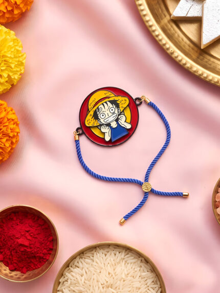 OZ Jewels Anime Cartoon Monkey D. Luffy Adjustable Blue Rope Bracelet Spinner Pendant Rakhi